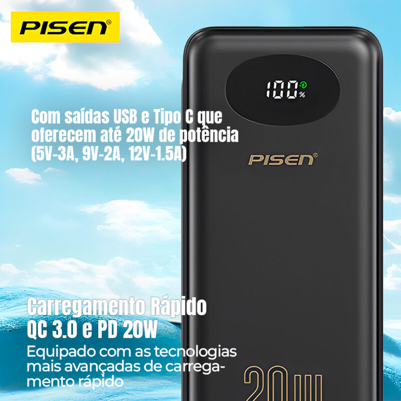 Power Bank Carregador Portátil Pisen 4in1 10000mAh Preta