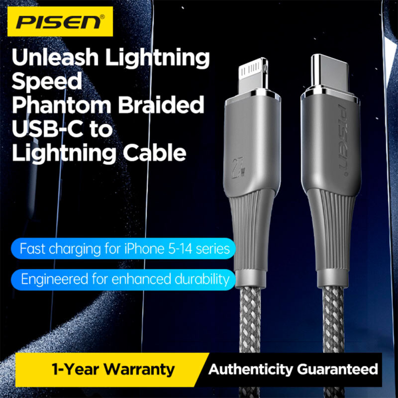 Cabo Usb Pisen Usb C pra Lightning Máx 27W 1Metro Cinza