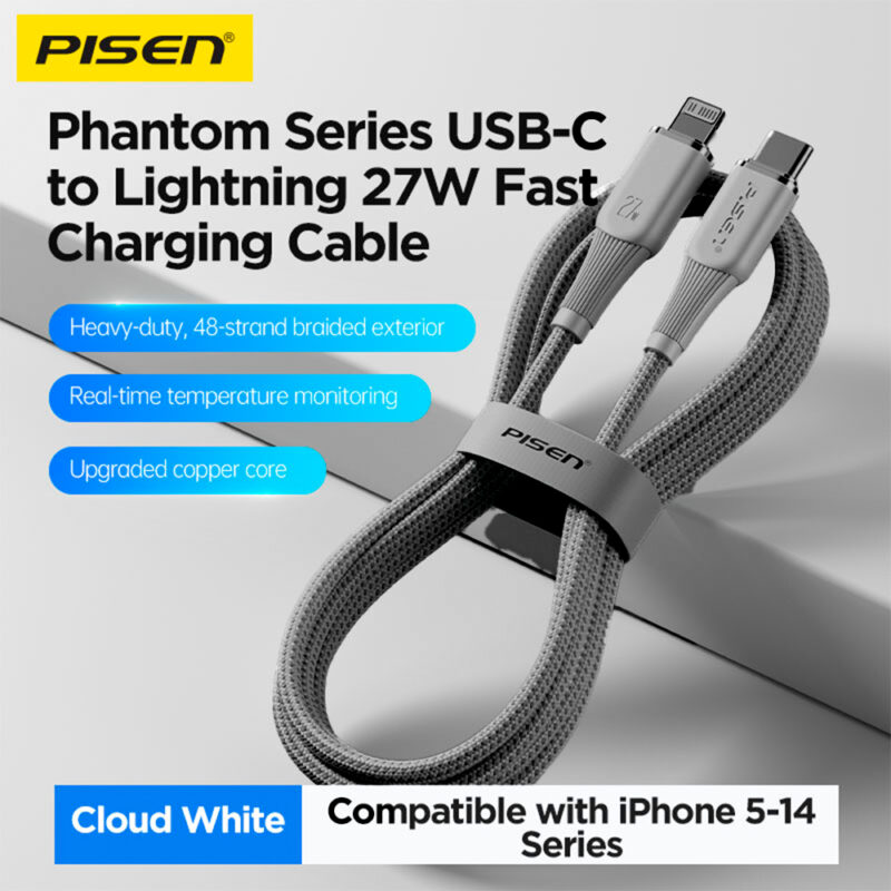 Cabo Usb Pisen Usb C pra Lightning Máx 27W 1Metro Cinza