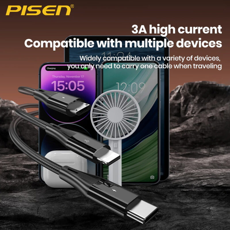Cabo Usb A Pisen 3 em 1 para Lightning/USB-C/Micro 1.2M