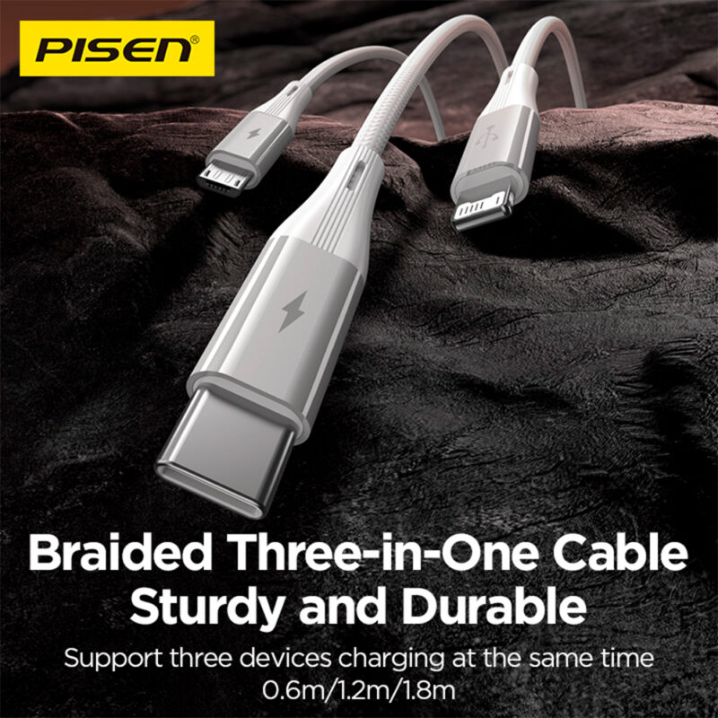 Cabo Usb A Pisen 3 em 1 para Lightning/USB-C/Micro 1.2M