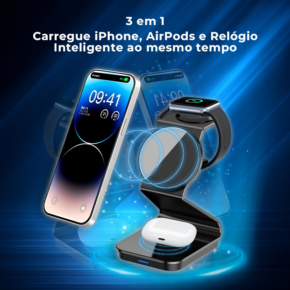 Carregador Magnético 3 in 1 Pisen Tp-c75 Sem Fio Preto