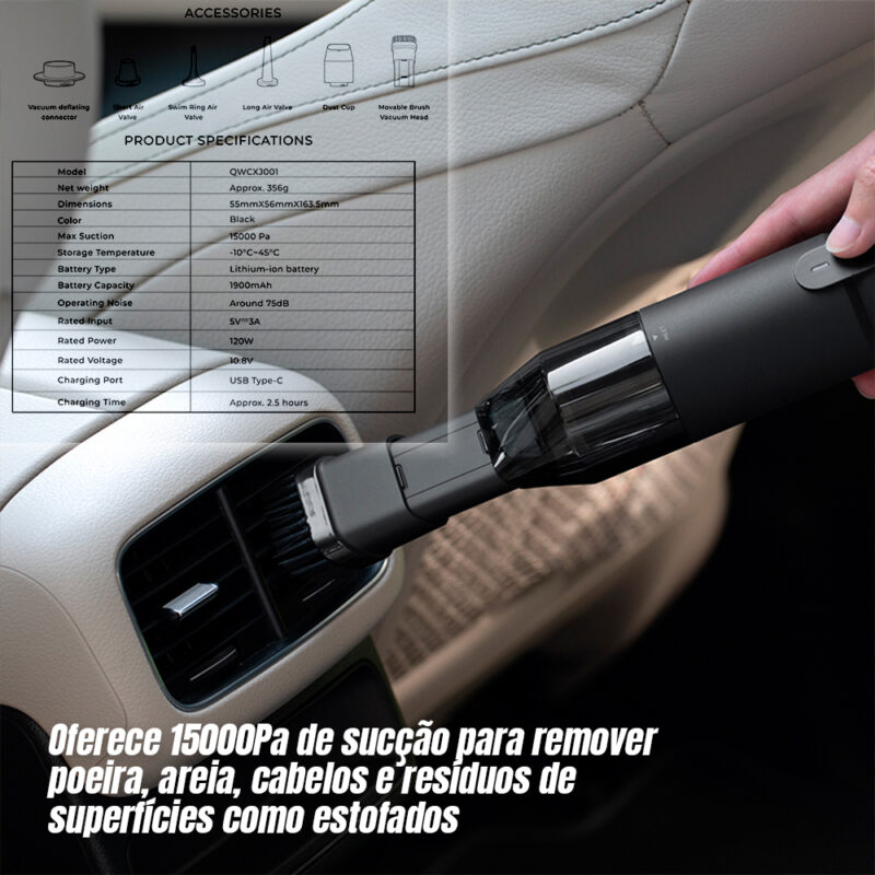Aspirador de Pó Portátil Sem Fio Hoto 4in1 15000Pa Preto