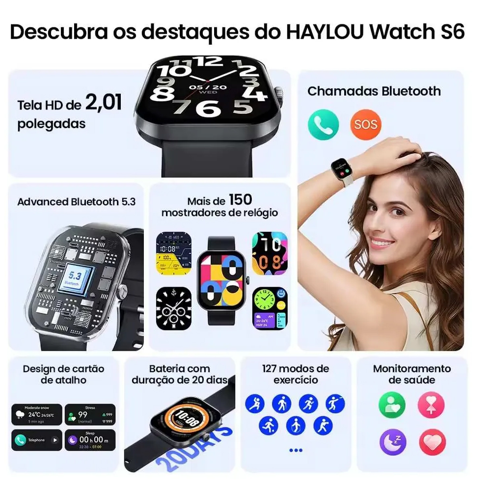 Relógio Smartwatch Haylou S6 BT 5.3 Tela 2,1 pol. Preto