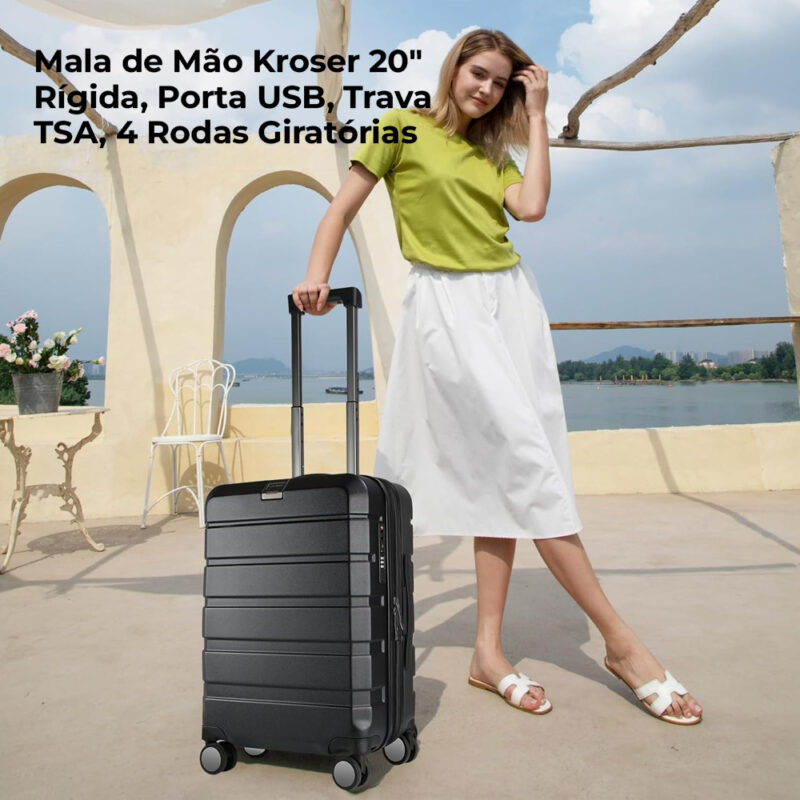 Mala de Bordo Mão/Viagem Kroser 20" Rígida 4 Rodas Preta