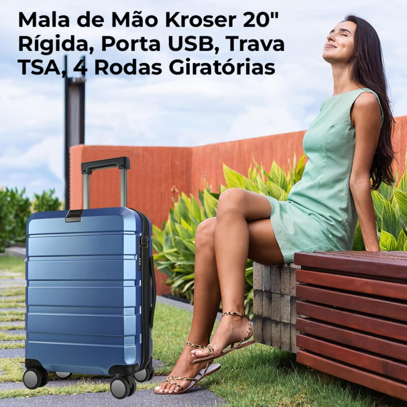 Mala de Mão/Viagem Kroser 20" Rígida 4 Rodas Azul Light