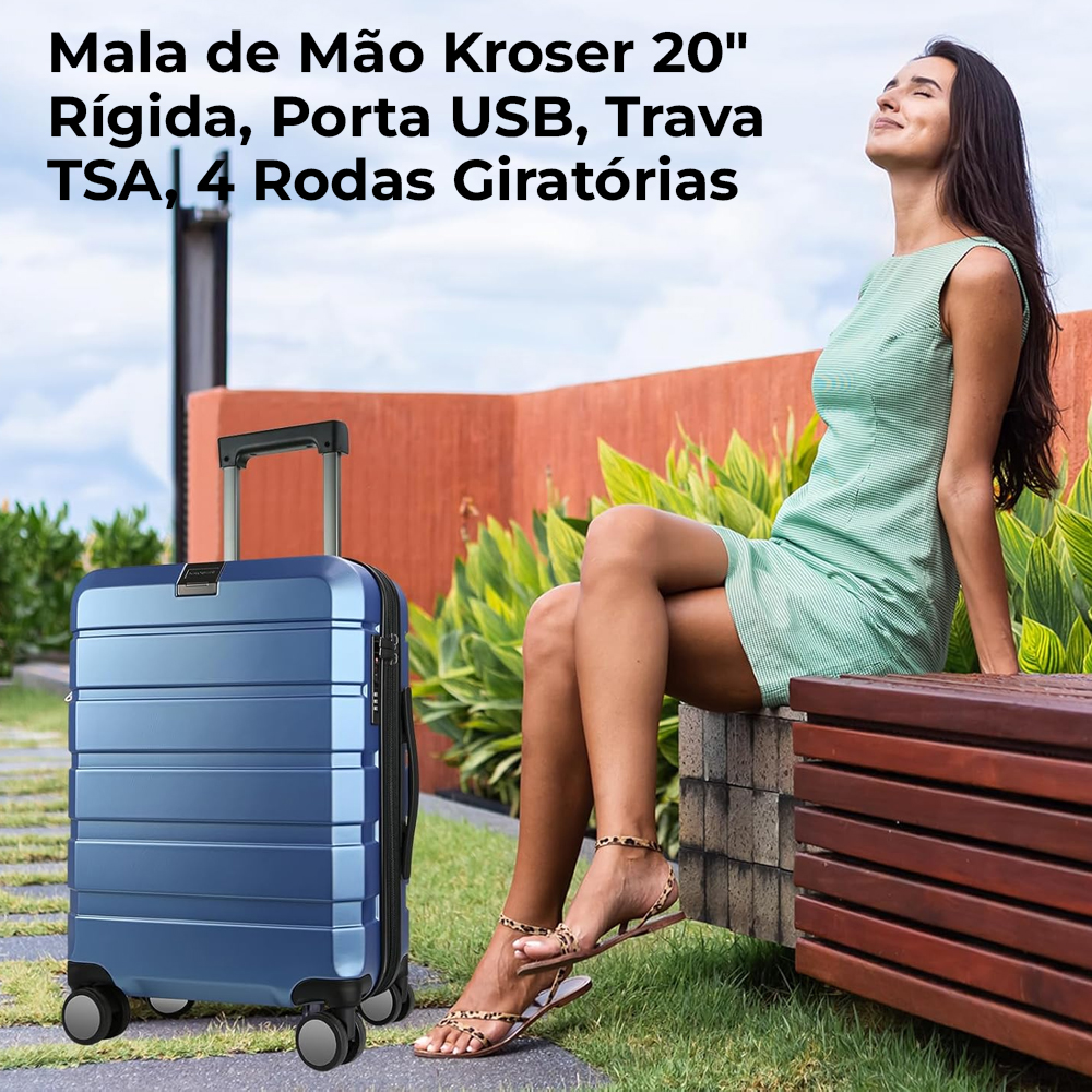 Mala de Mão/Viagem Kroser 20" Rígida 4 Rodas Azul Light