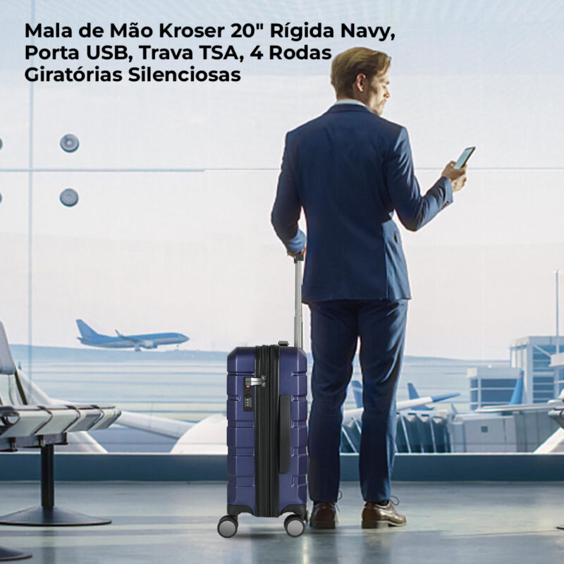 Mala de Bordo Mão/Viagem Kroser 20" Rígida 4 Rodas Navy