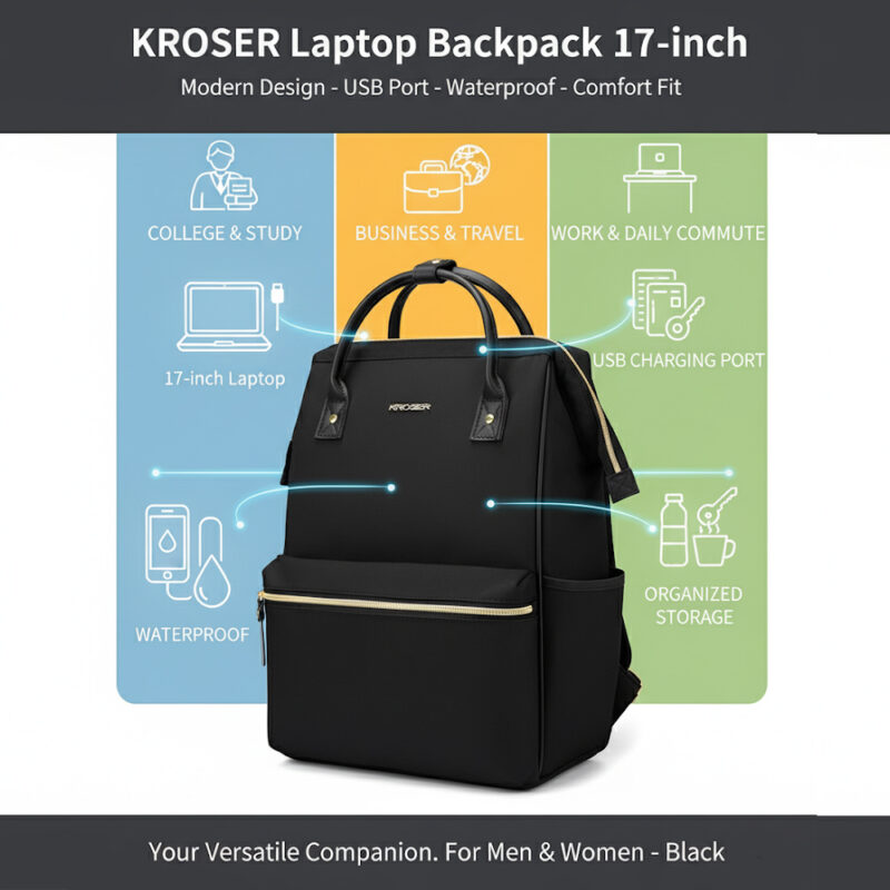 Mochila Kroser para Laptop 17" Impermeável, Casual Preta