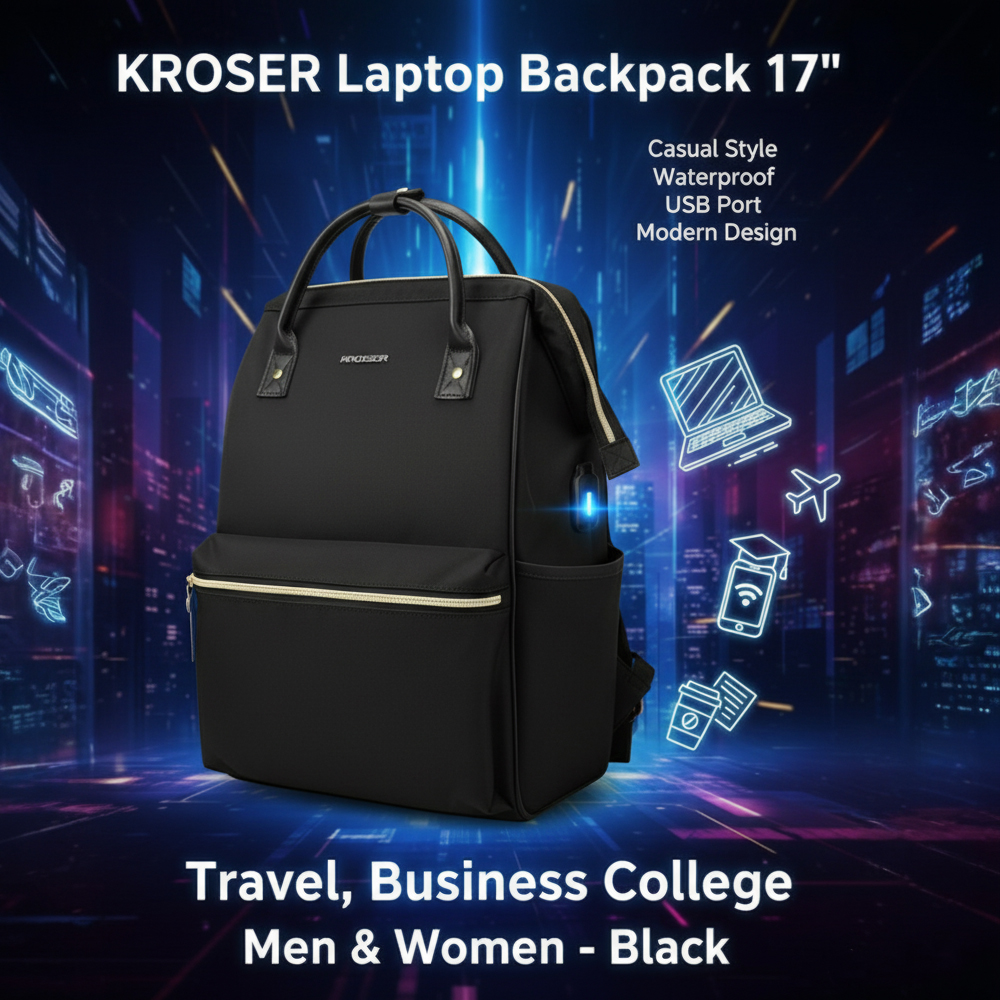 Mochila Kroser para Laptop 17" Impermeável, Casual Preta