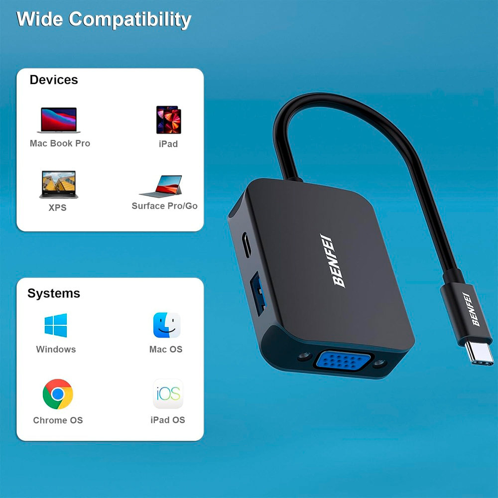 Benfei Hub Usb C 4 Em 1 para Hdmi, Usb A/C, Vga Preto