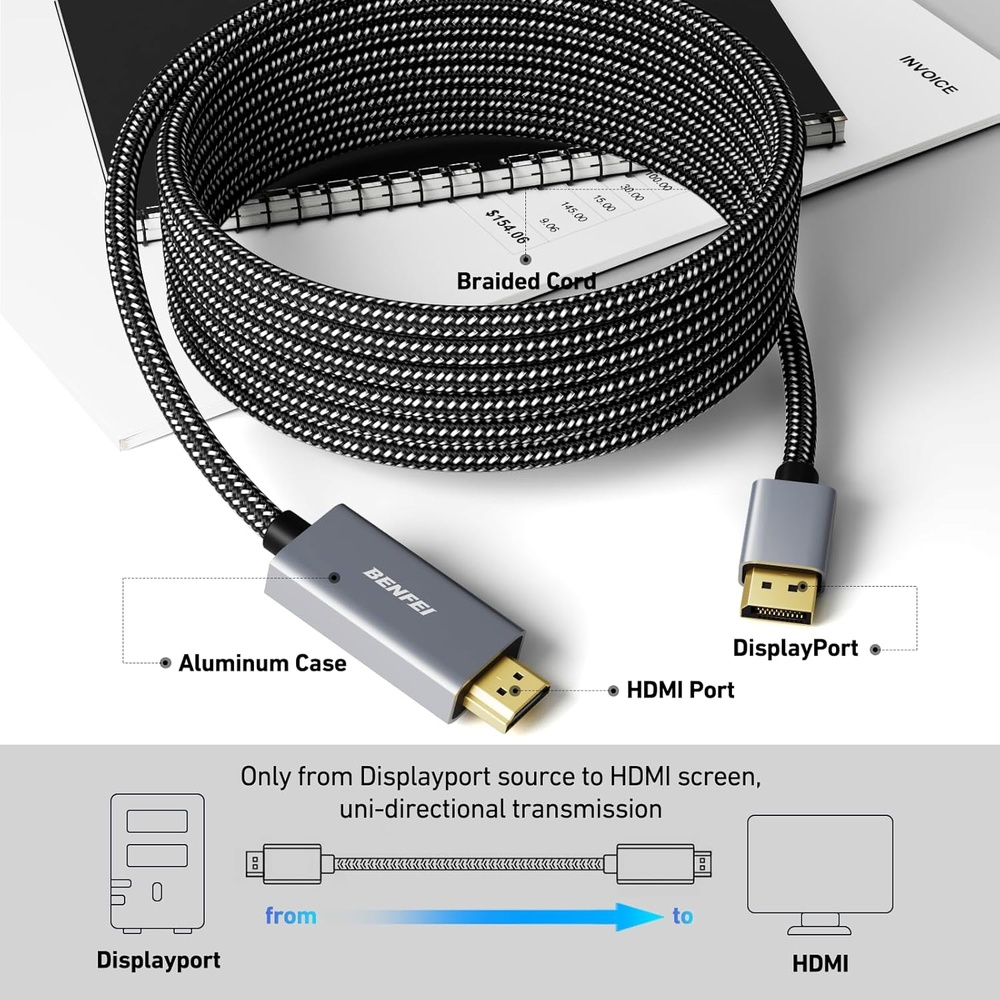 Cabo DisplayPort Para HDMI 4K 4,5M Benfei Nylon Alumínio