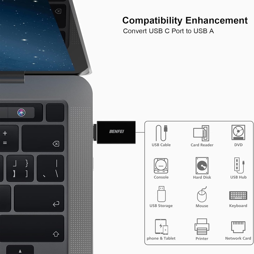 Benfei Adaptador Usb C pra Usb 3.0 Fêmea 3 Unidade Preto