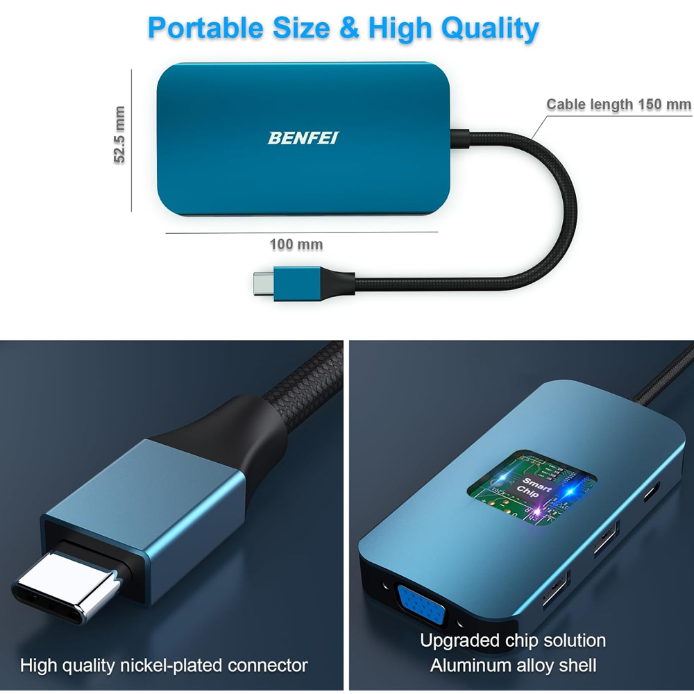 Hub USB C Benfei MST 8 em 1 Hdmi Vga Usb 3.0 100W PD Aux