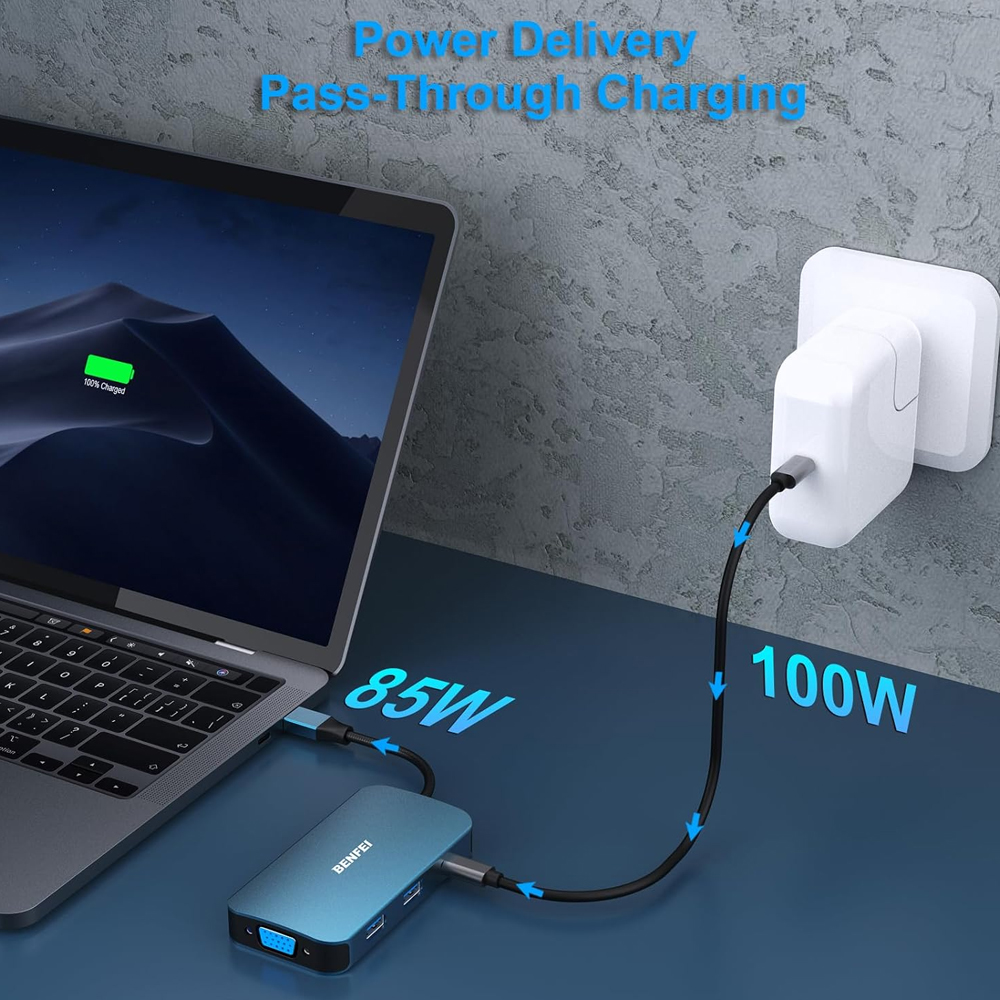 Hub USB C Benfei MST 8 em 1 Hdmi Vga Usb 3.0 100W PD Aux