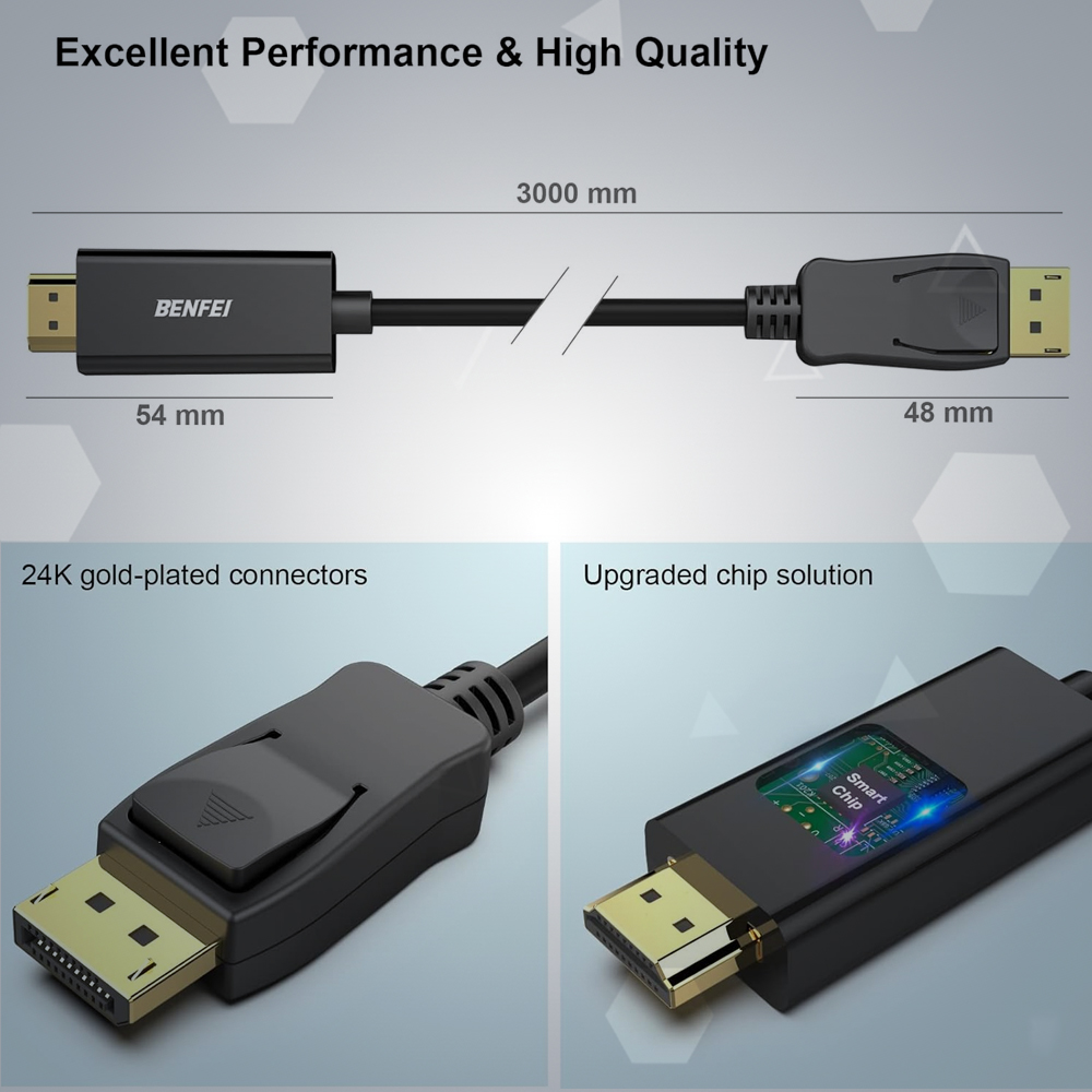 Cabo Displayport Para Hdmi Benfei 3M 4k Banhado A Ouro