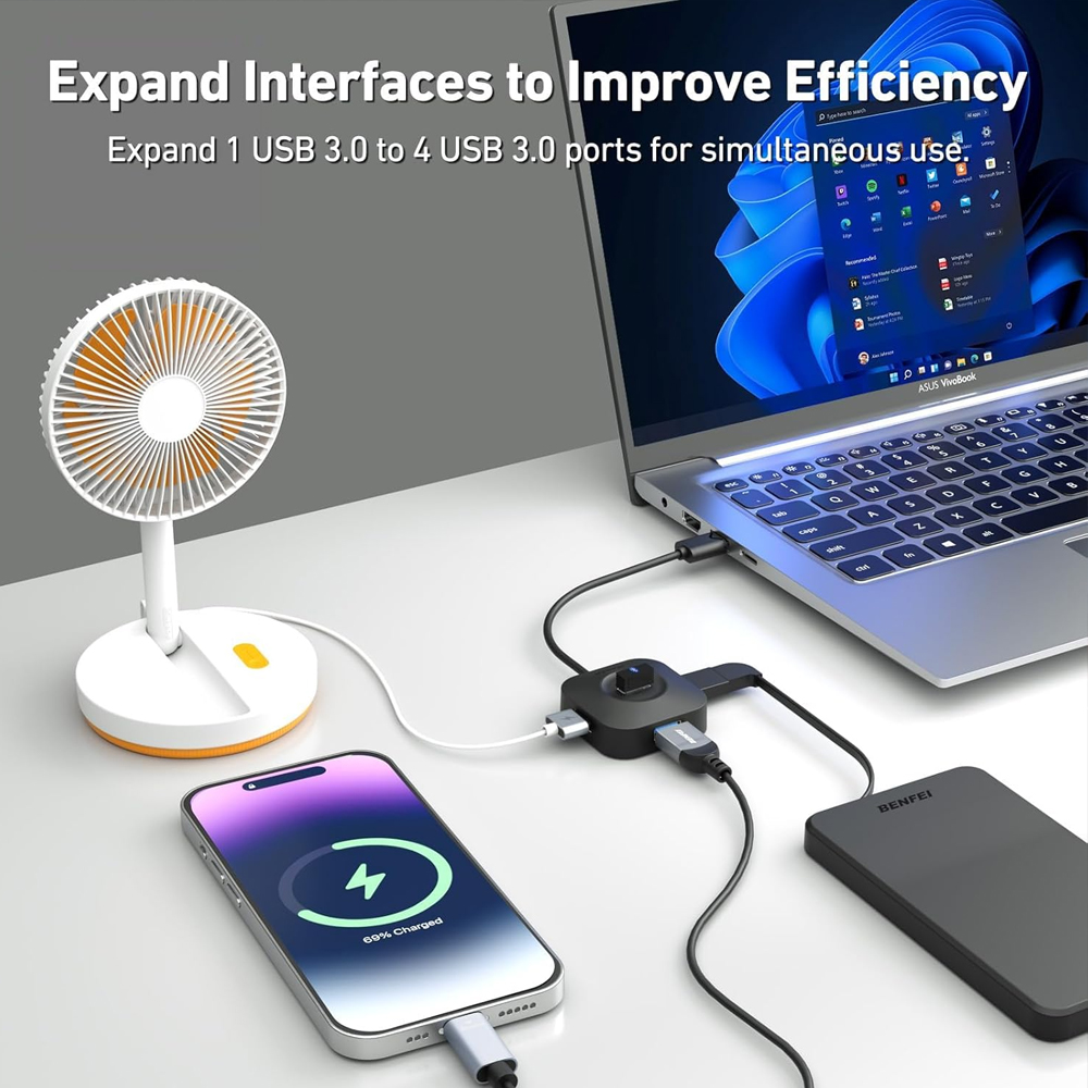 Benfei Hub USB 3.0 4 Portas USB A Ultra Compacto Divisor