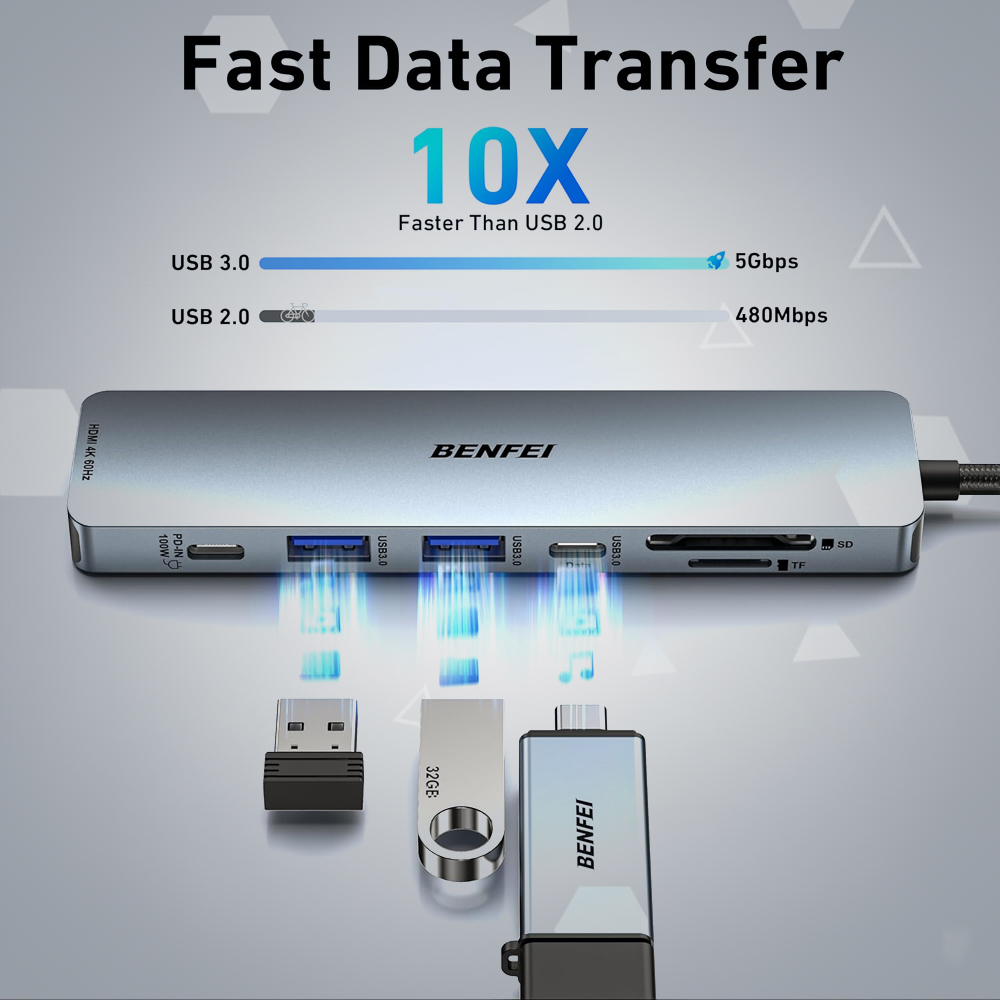Benfei Hub USB C 7 Em 1 HDMI 4K60Hz Pd100W USB 3.0 SD/FT