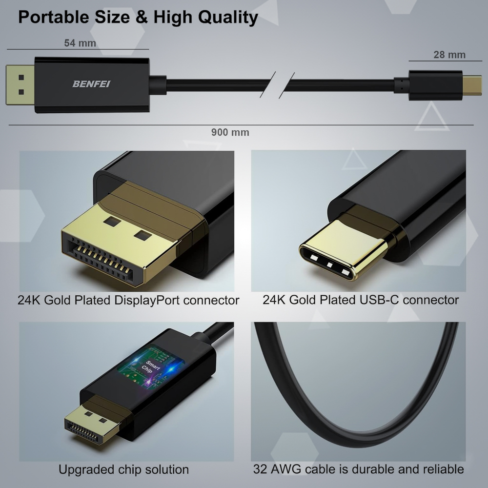 Cabo USB-C Para DisplayPort Benfei 0,9M 8K/60Hz 4K/144Hz