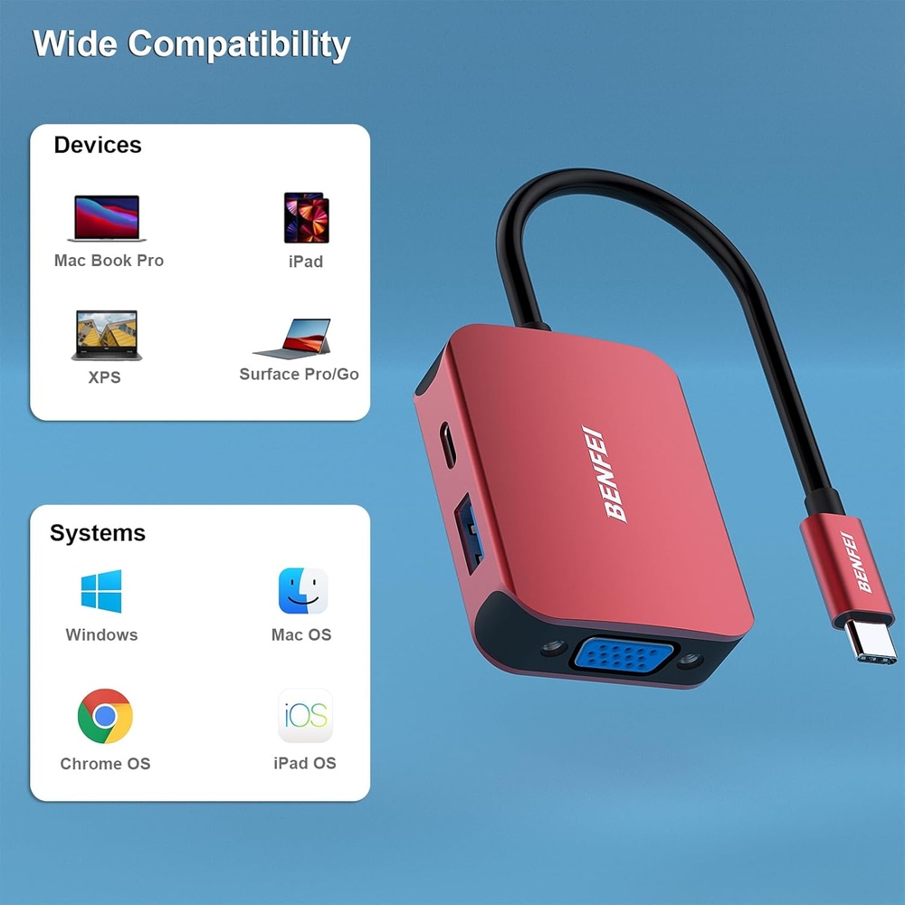 Benfei Hub USB-C 4 in1 p/HDMI VGA USB 3.0 Pd60W Vermelho
