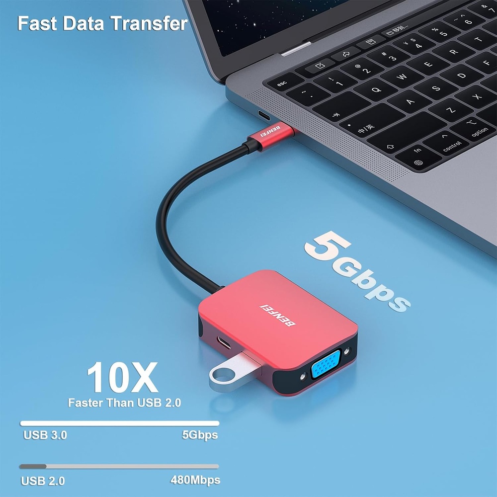 Benfei Hub USB-C 4 in1 p/HDMI VGA USB 3.0 Pd60W Vermelho