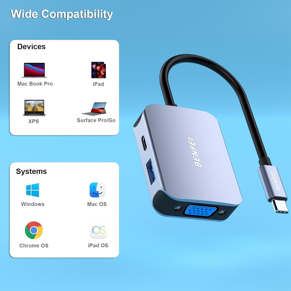 Benfei Hub USB-C 4 Em 1 HDMI VGA Usb 3.0 PD 60W Notebook
