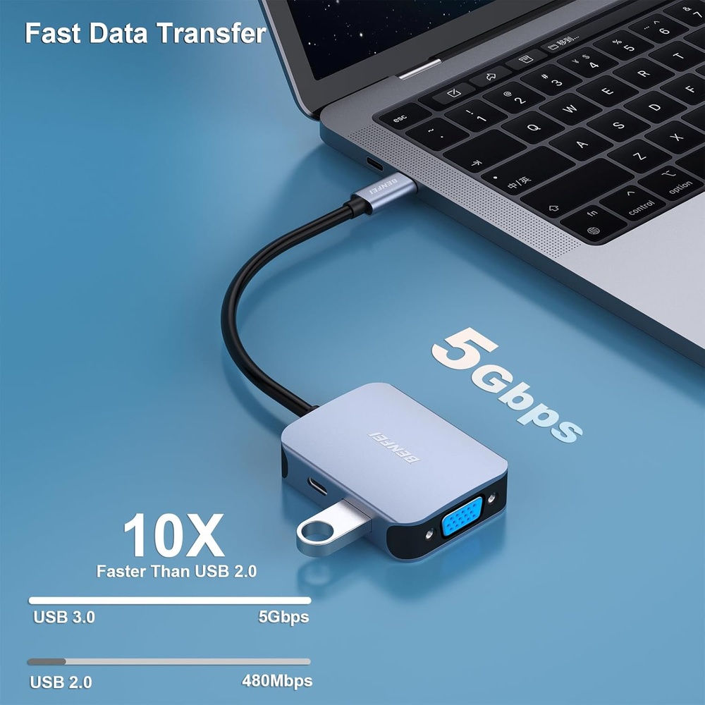 Benfei Hub USB-C 4 Em 1 HDMI VGA Usb 3.0 PD 60W Notebook