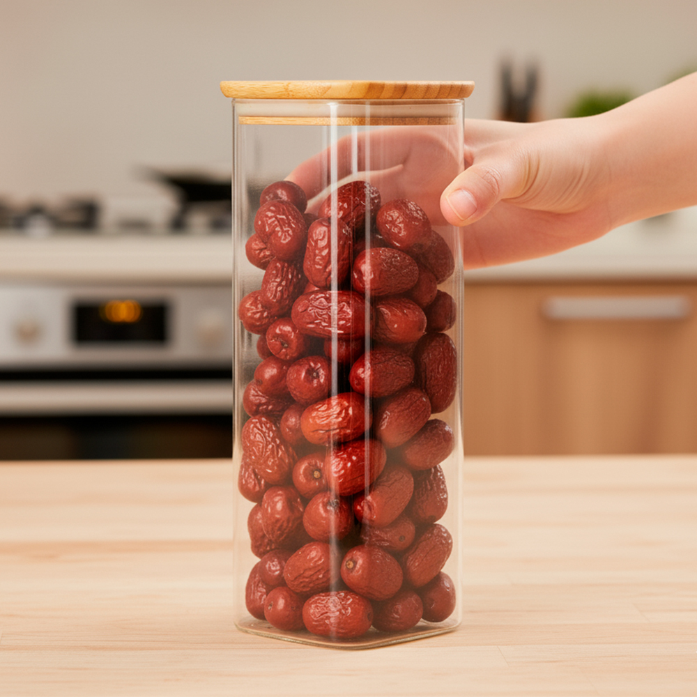 Pote De Vidro Life 1100ml Alimento Tampa Bambu Hermético