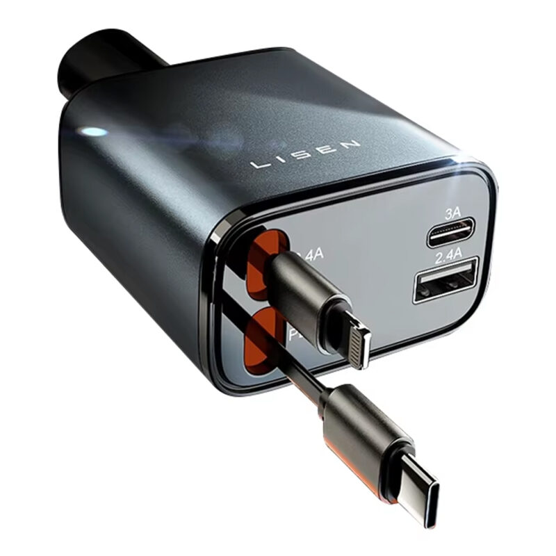 Carregador de Carro Lisen 69W Usb C/A/Ios Cabos Retrátil