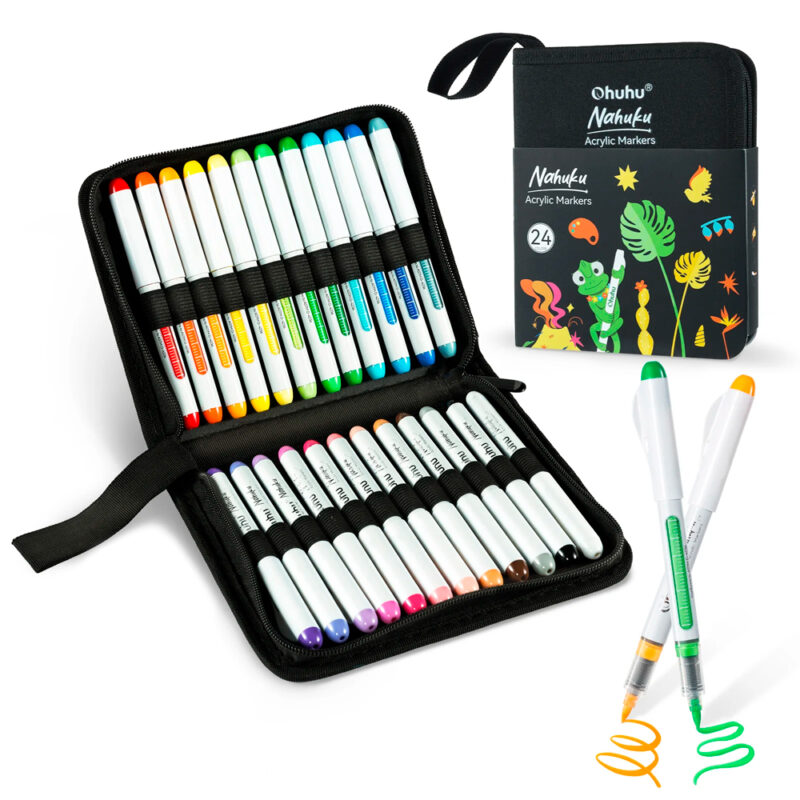 Ohuhu Canetas Acrílicas 24 Cores Ponta Pincel 1.5mm Arte