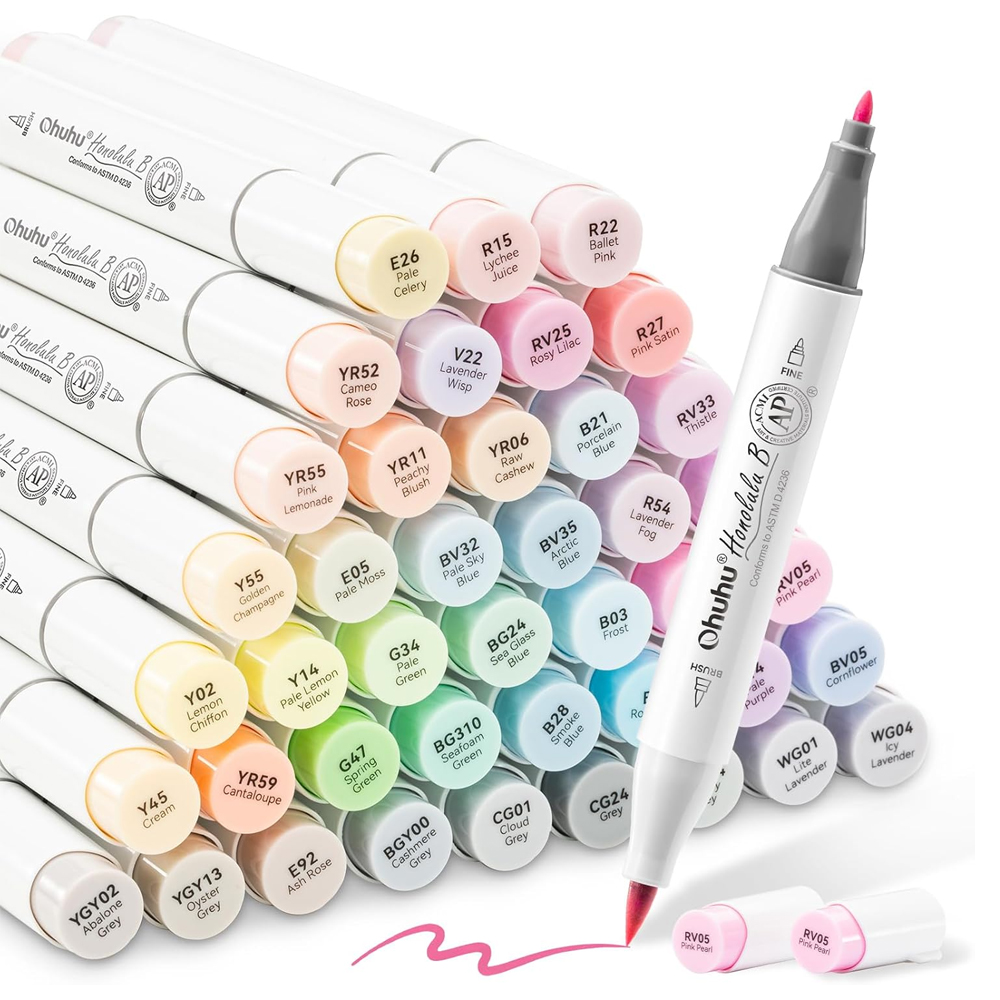 Canetas Marcadores Ohuhu 48 Cores Pastel Ponta Dupla