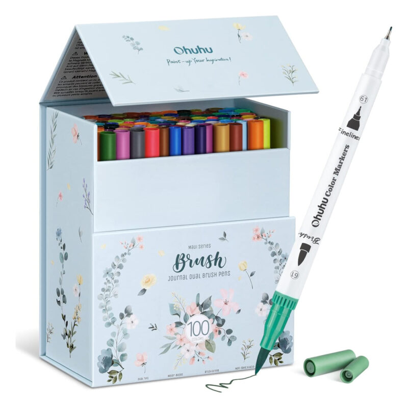 Ohuhu Canetas 100 Cores Pincel e Ponta Fina Base Água