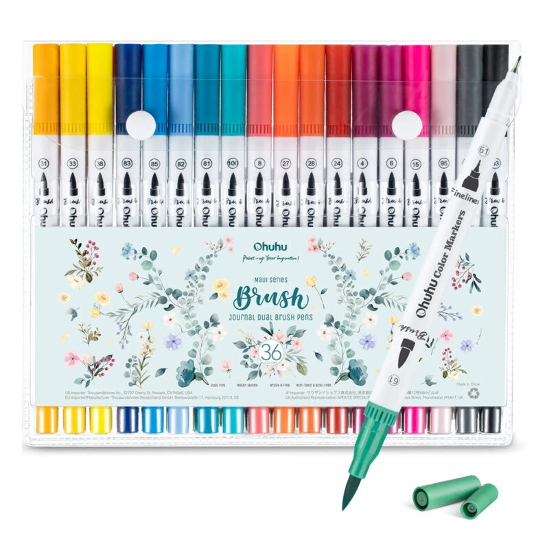 Canetas Ohuhu 36 Cores Pontas Pincel e Fina Base d’Água