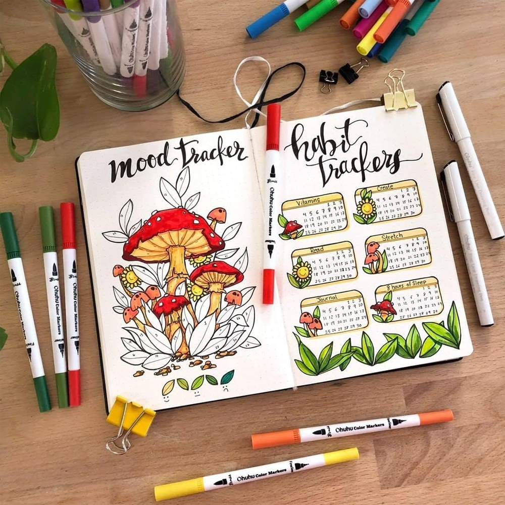 Canetas Ohuhu 36 Cores Pontas Pincel e Fina Base d’Água