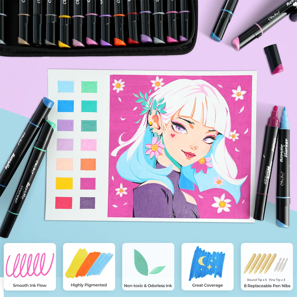 Canetas Acrílicas Ohuhu Ponta Dupla 30Cores Arte Pintura