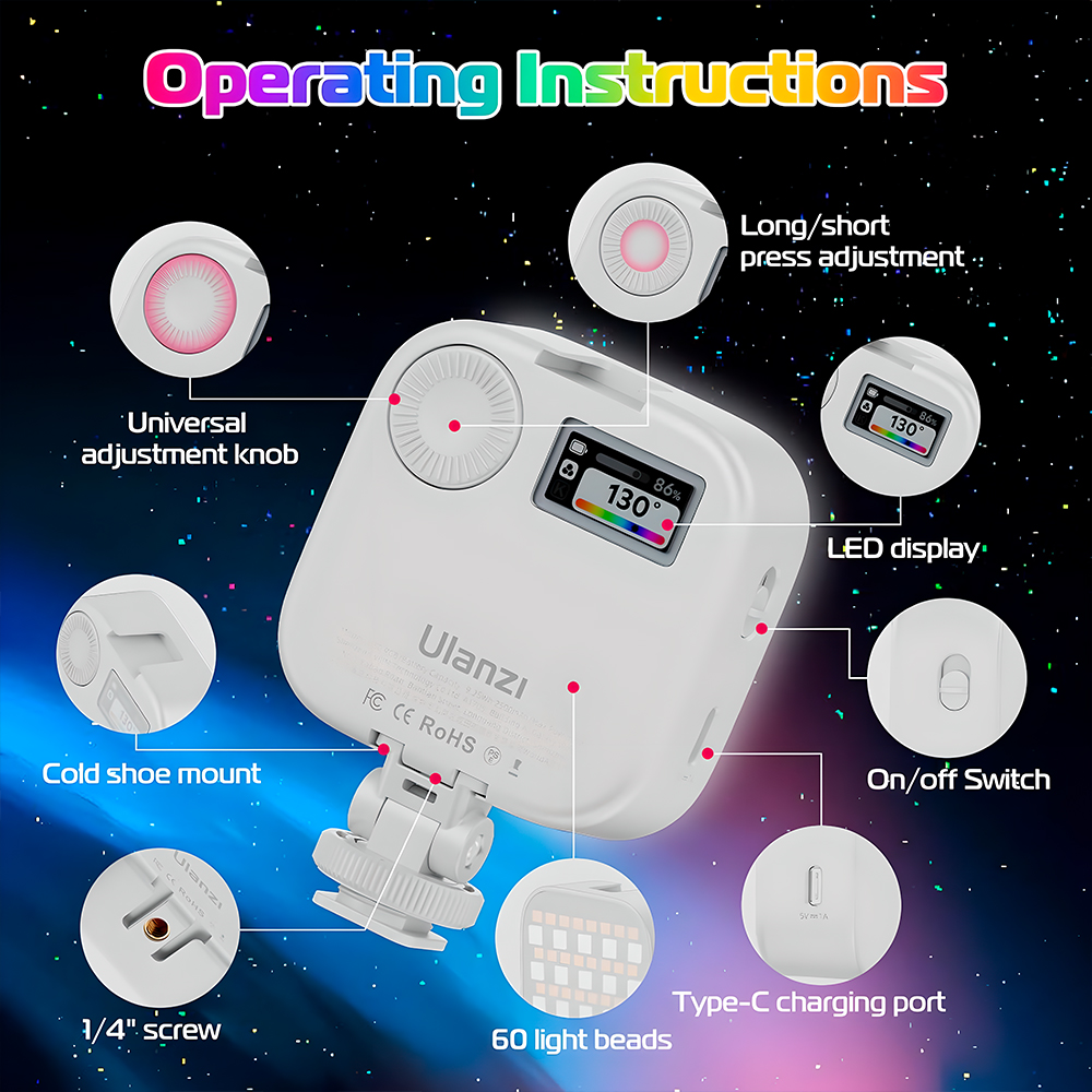 Ulanzi U60 RGB Luz Bolso Vídeo Fotografia Suporte Umount