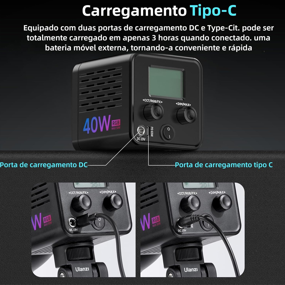 Luz Vídeo Ulanzi 40W Pro RGB Portátil Led Adaptador DC