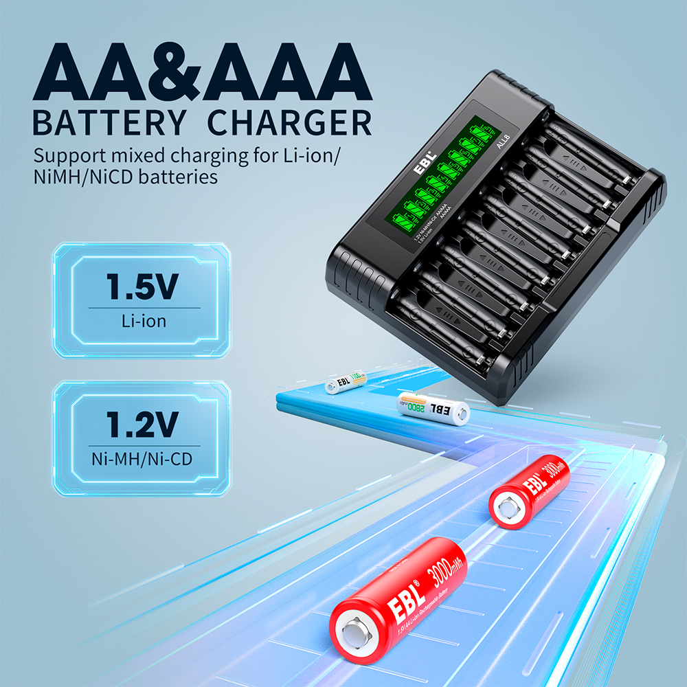 Carregador Pilhas Smart EBL 1.2V 1.5V 8Slot AA AAA NiMH