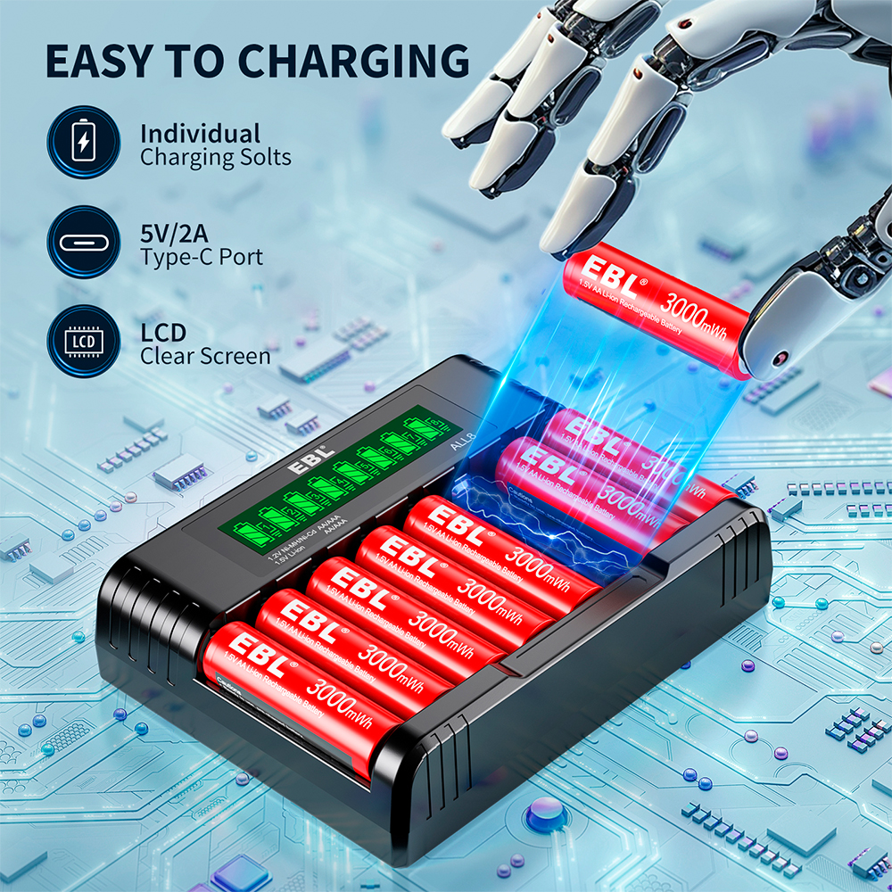 Carregador Pilhas Smart EBL 1.2V 1.5V 8Slot AA AAA NiMH