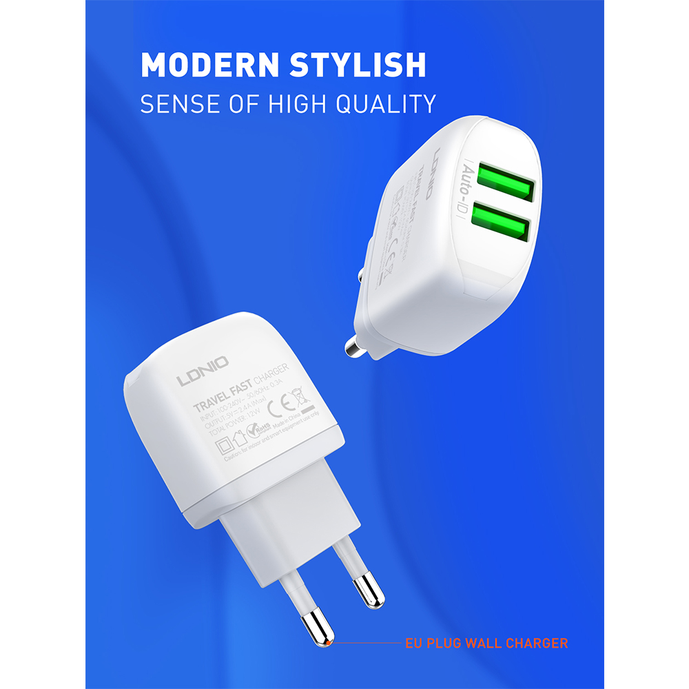 Carregador LDNIO A2219 2.4A USB Carga Rápida Cabo Usb C