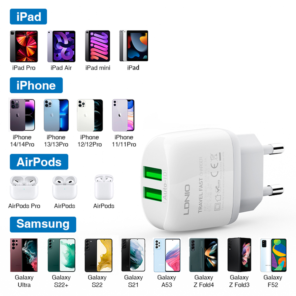 Carregador LDNIO A2219 2.4A USB Carga Rápida Cabo Usb C