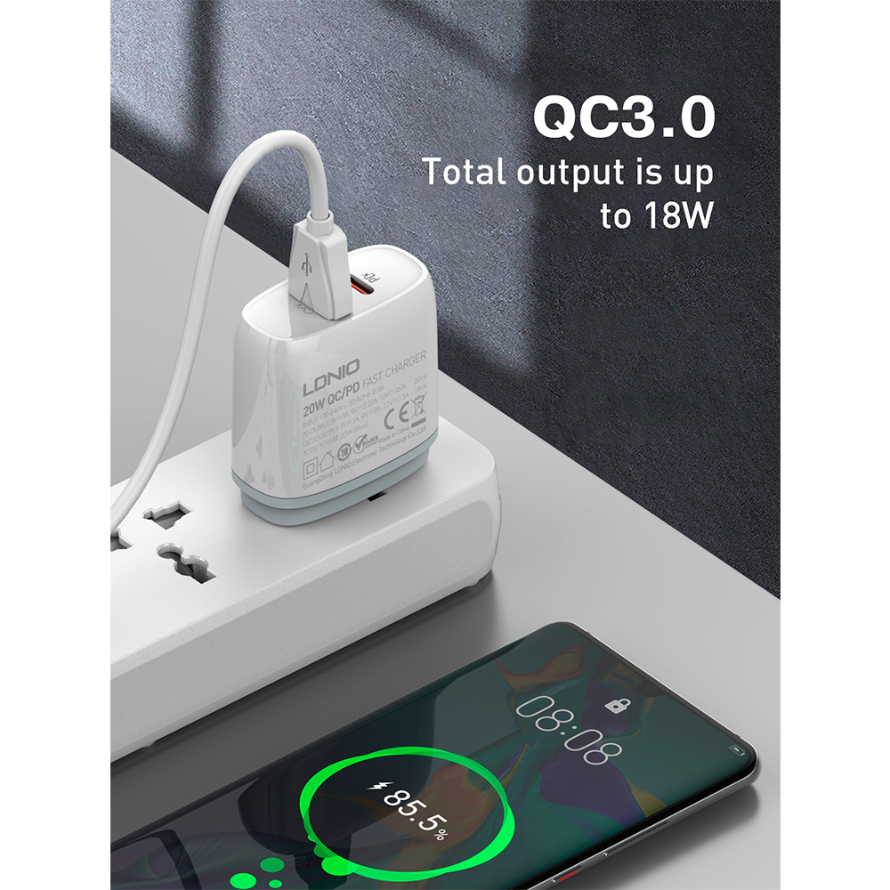 Carregador LDNIO Q229 20W USB C/A PDQC3.0 Cabo Lightning