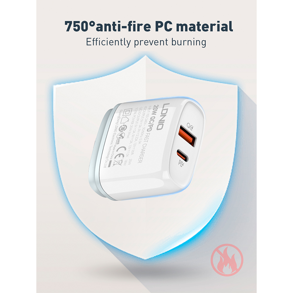 Carregador LDNIO Q229 20W USB C/A PDQC3.0 Cabo Lightning
