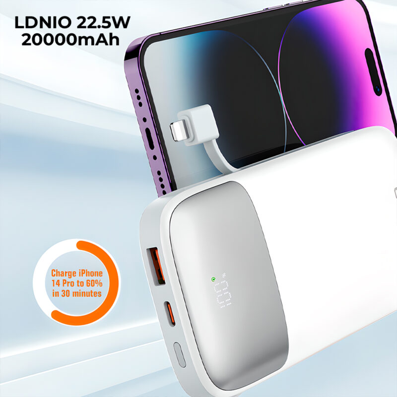 Ldnio Power Bank 20000mAh Carregamento Rápido PD QC3.0