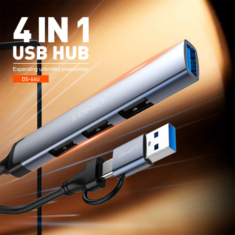 Hub LDNIO DS-64U USB C/A Para 3x USB 2.0 e USB 3.0 5Gbps