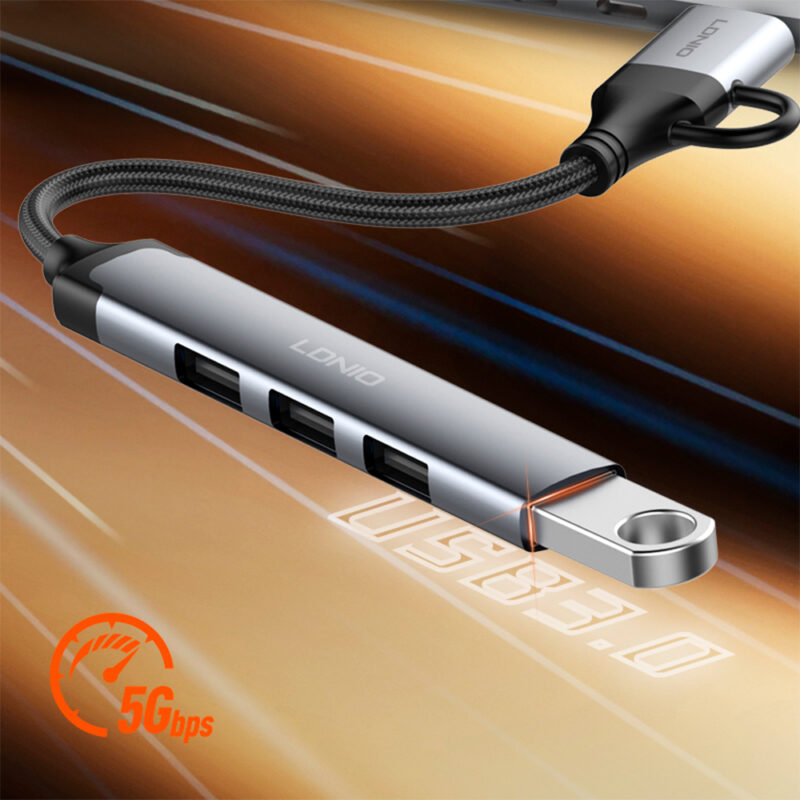 Hub LDNIO DS-64U USB C/A Para 3x USB 2.0 e USB 3.0 5Gbps