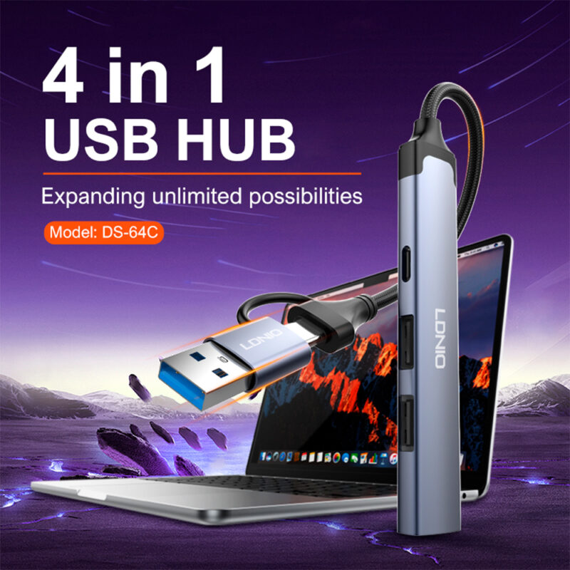 Hub USB-C LDNIO DS-64C 4 em 1 5Gbps Alumínio Cinza
