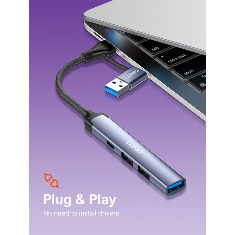 Hub USB-C LDNIO DS-64C 4 em 1 5Gbps Alumínio Cinza