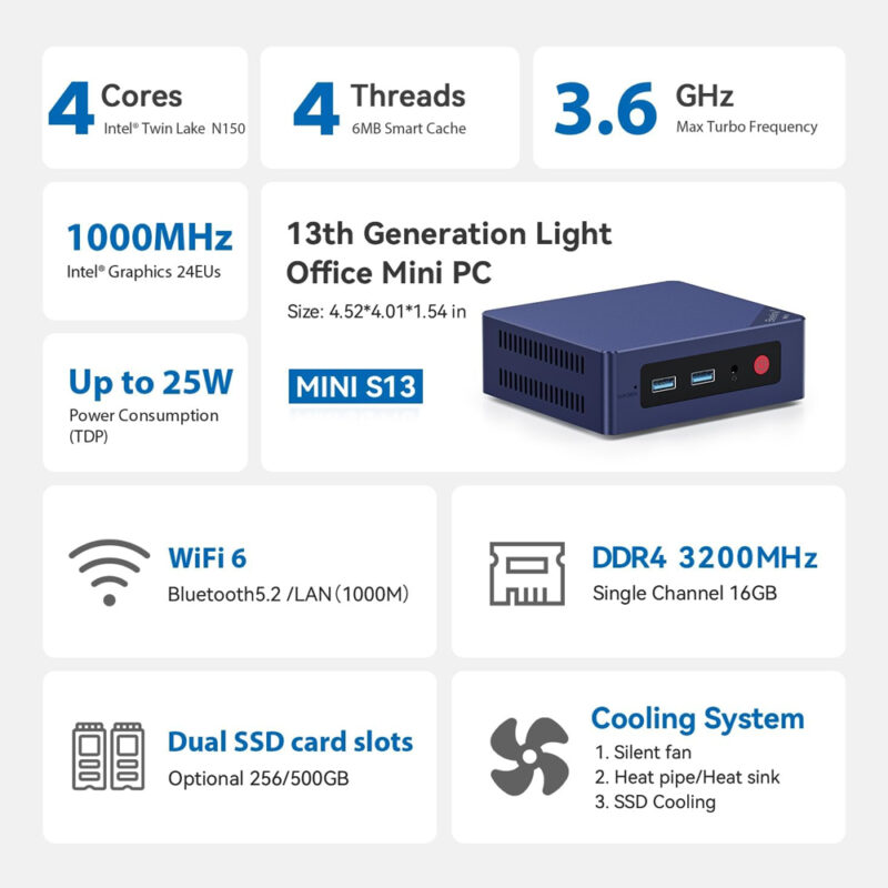 Beelink Mini PC N150 16GB RAM 500GB SSD Compacto