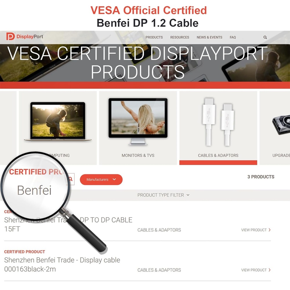 Cabo DisplayPort 8K 1,8M Benfei Vesa Certificado DP 1.4